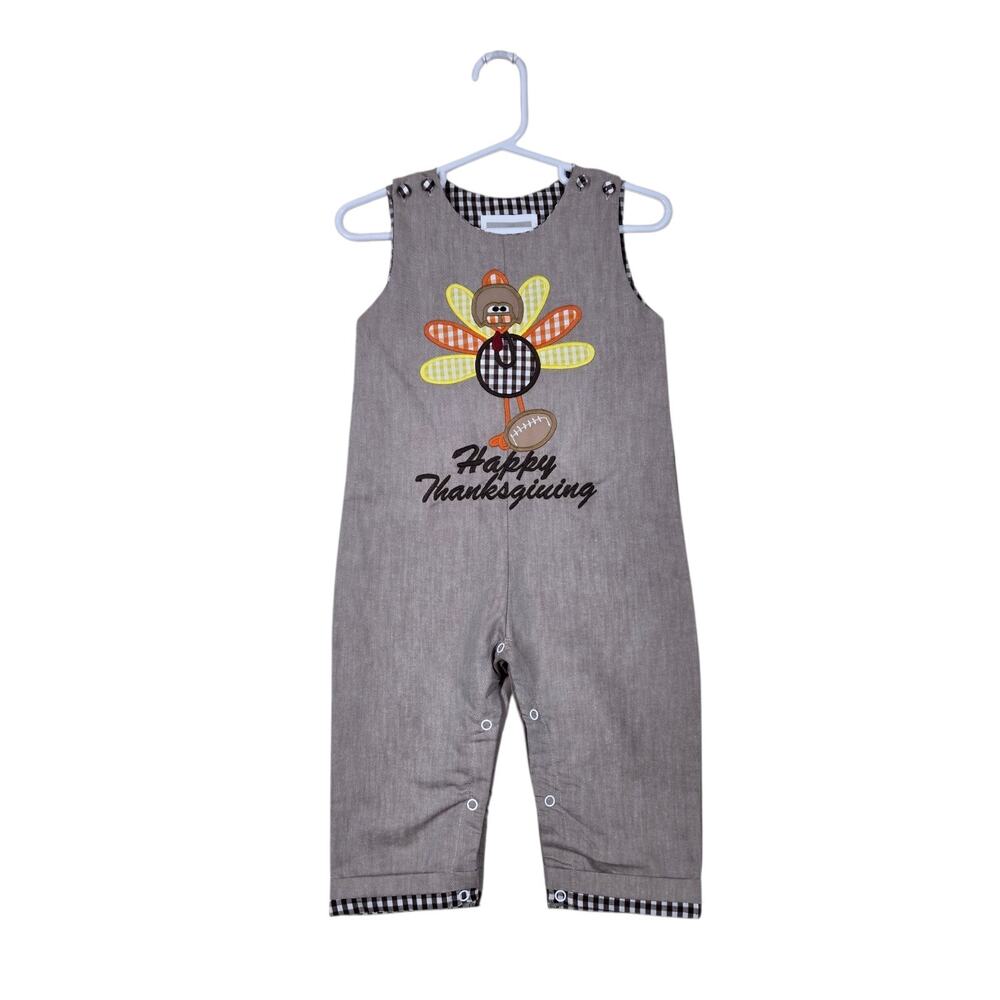 Lil Cactus Happy Thanksgiving Romper sz 12-18 Months Brown Embroidered Turkey